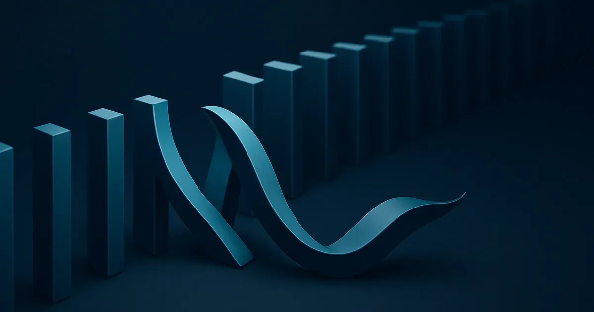 A long row of upright navy blocks receding into the dark, with a teal ribbon curving through the front of the line where several blocks sit out of alignment