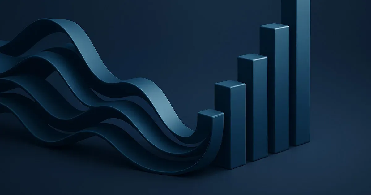 Flowing navy ribbons entering from the left and resolving into a rising row of evenly spaced measured bars on the right
